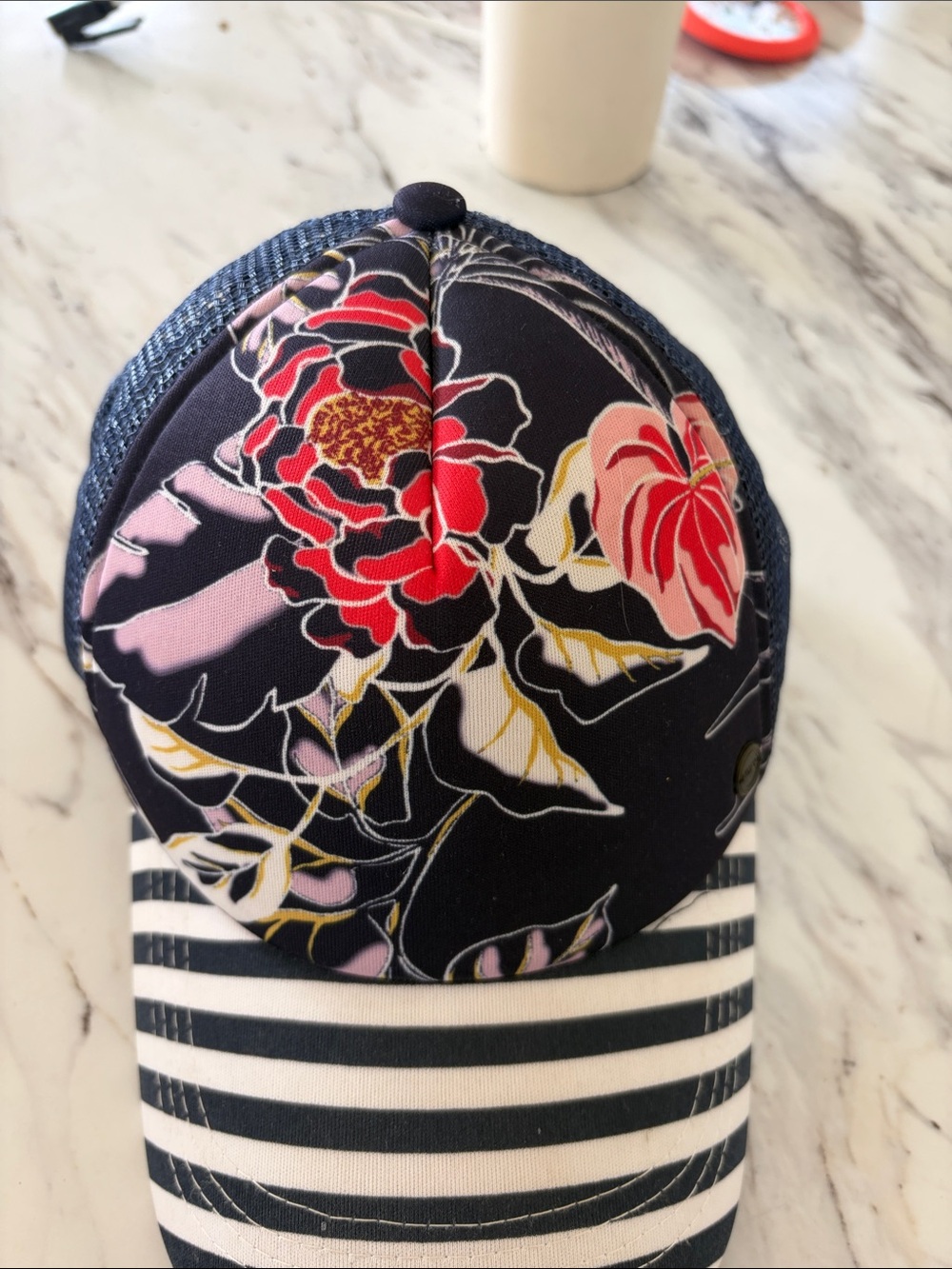 Roxy Navy Floral Trucker Hat with Pink Accents